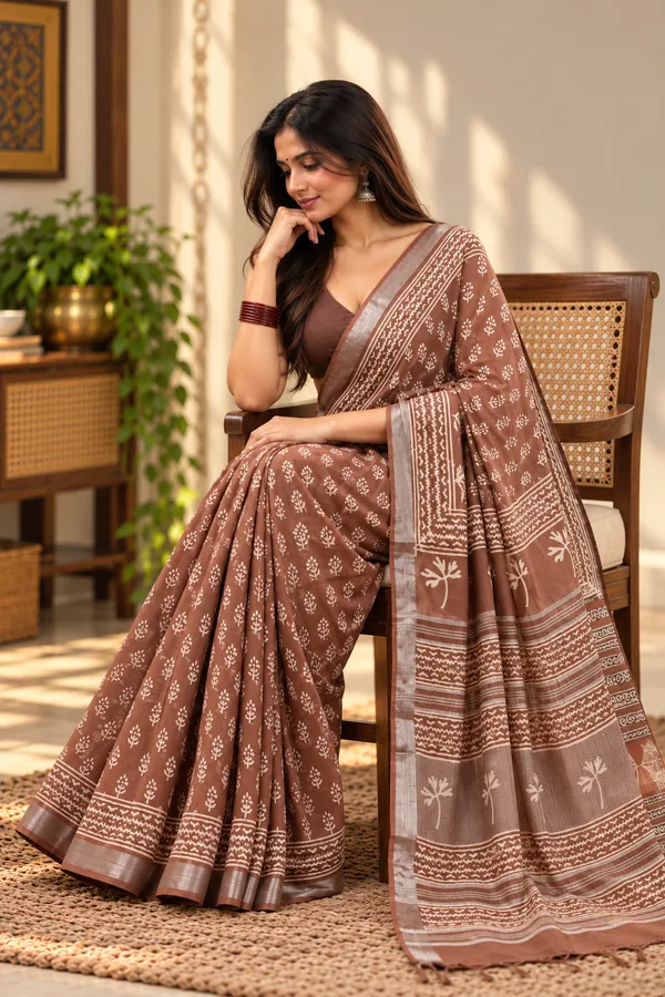 Brown_Linen_Cotton_Hand_Block_Printed_Saree_For_Women