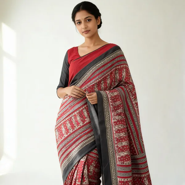 Red_Cotton_Mul_Block_Print_Saree_For_Women