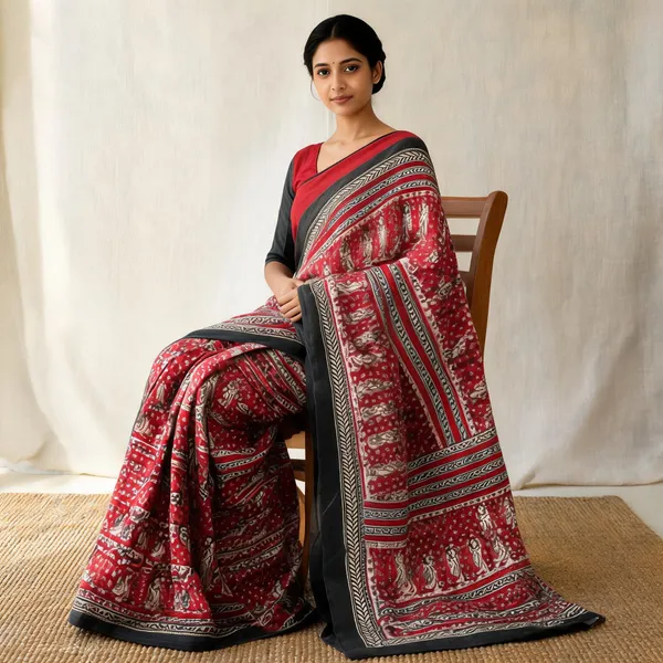 Red_Cotton_Mul_Block_Print_Saree_For_Women