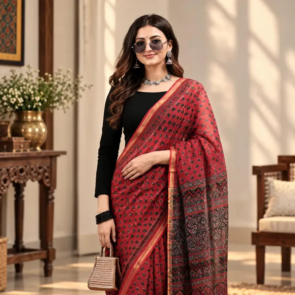 Red_Cotton_Kota_Doriya_Block_Print_Saree_For_Women