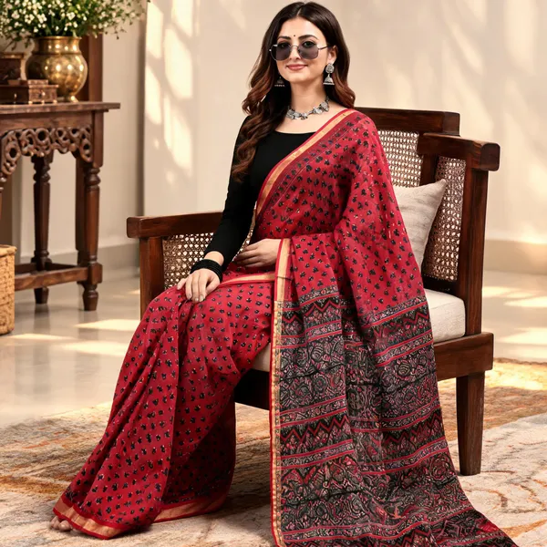 Red_Cotton_Kota_Doriya_Block_Print_Saree_For_Women