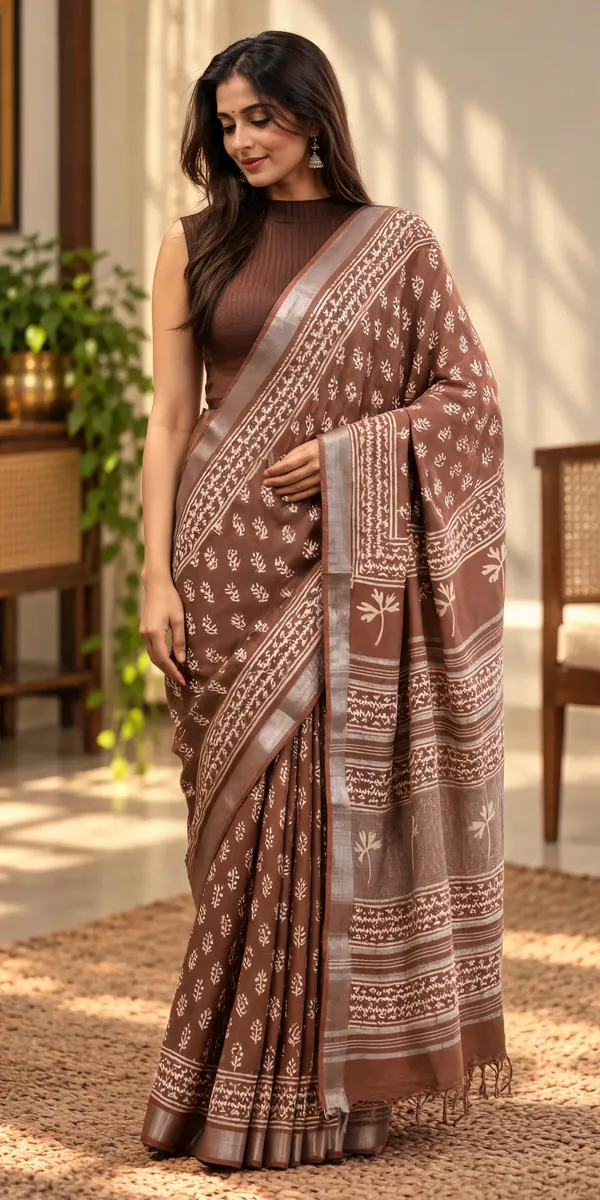 Brown_Linen_Cotton_Hand_Block_Printed_Saree_For_Women