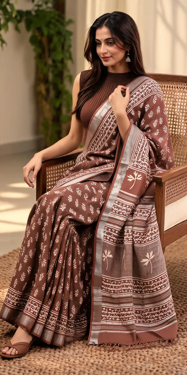 Brown_Linen_Cotton_Hand_Block_Printed_Saree_For_Women