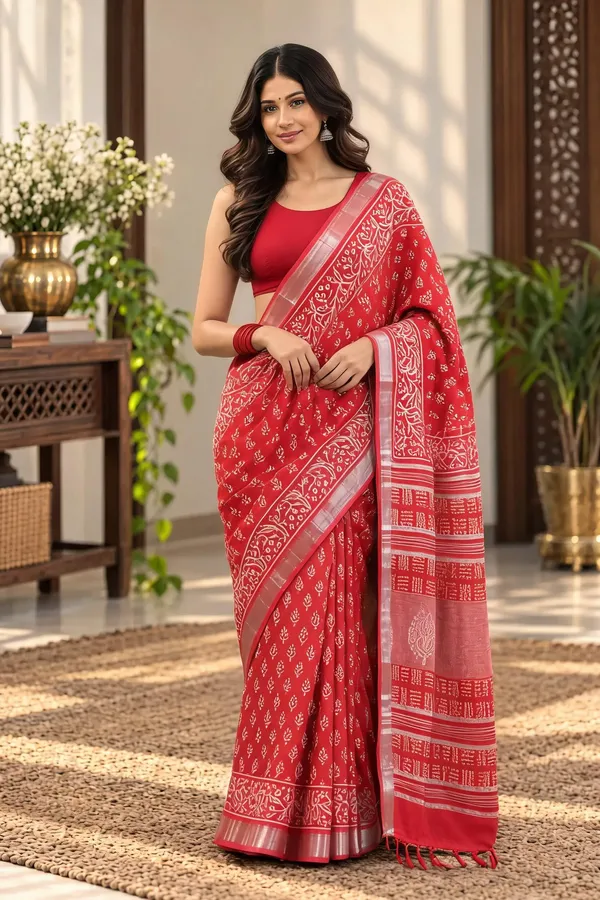 Red_Linen_Cotton_Hand_Block_Printed_Saree_For_Women