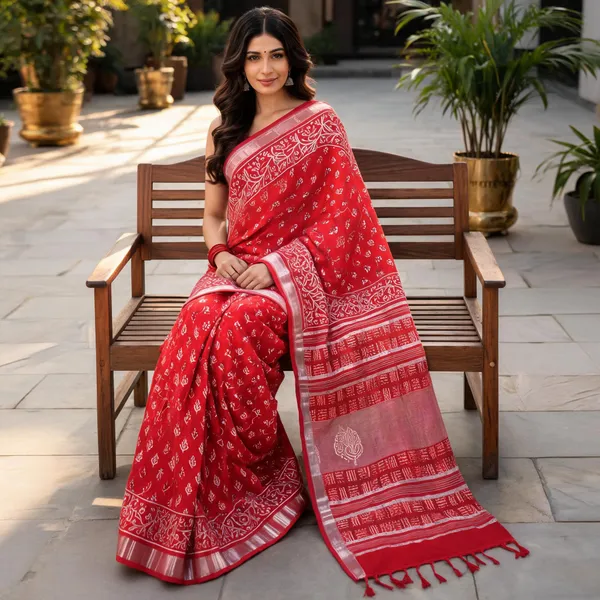 Red_Linen_Cotton_Hand_Block_Printed_Saree_For_Women