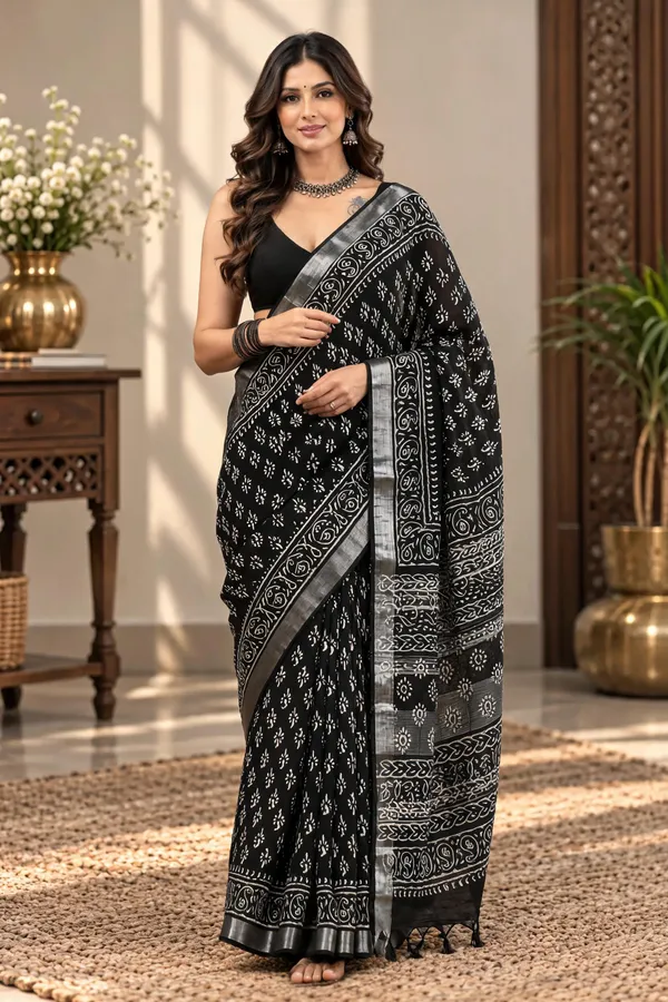 Black_Linen_Cotton_Hand_Block_Printed_Saree_For_Women