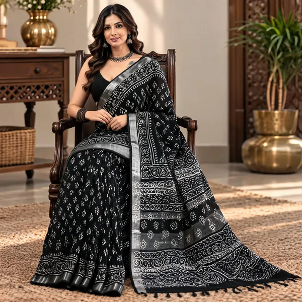 Black_Linen_Cotton_Hand_Block_Printed_Saree_For_Women