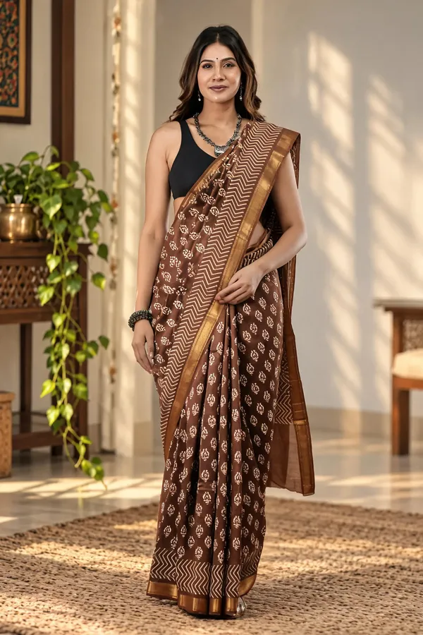 Brown_Silk_Cotton_Hand_Block_Printed_Saree_For_Women