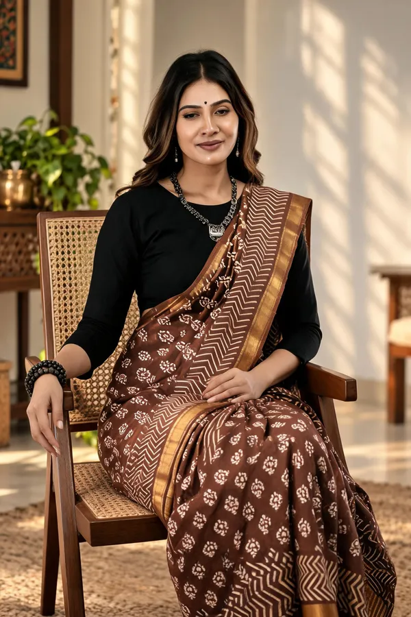Brown_Silk_Cotton_Hand_Block_Printed_Saree_For_Women