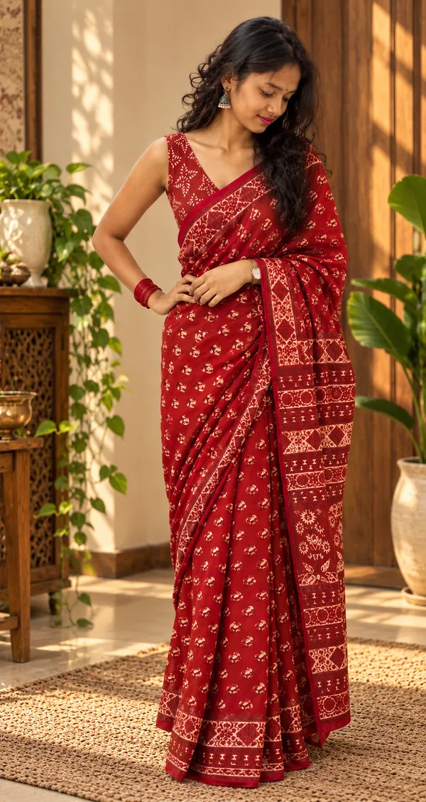 Red_Georgette_Hand_Block_Printed_Saree_For_Women