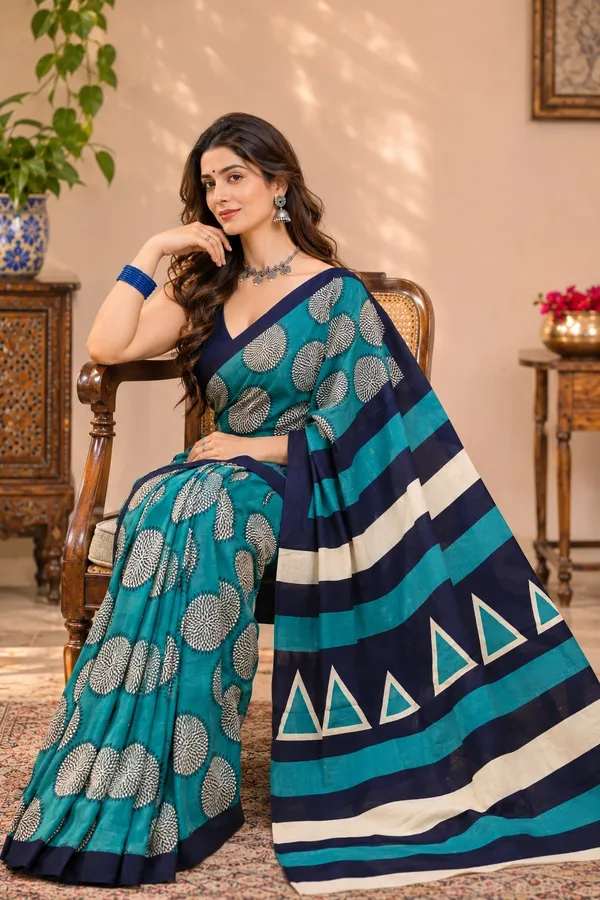 Teal_And_Navy_Blue_Cotton_Mul_printed_saree_For_Women