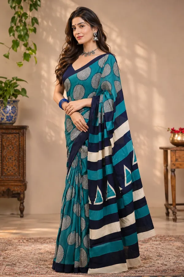 Teal_And_Navy_Blue_Cotton_Mul_printed_saree_For_Women