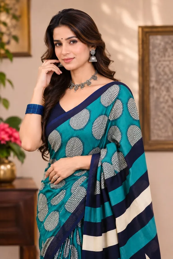 Teal_And_Navy_Blue_Cotton_Mul_printed_saree_For_Women