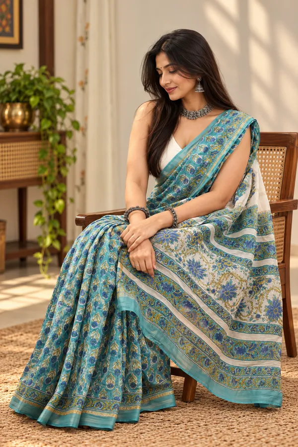 Blue_Silk_Cotton_Block_Print_Saree_For_Women
