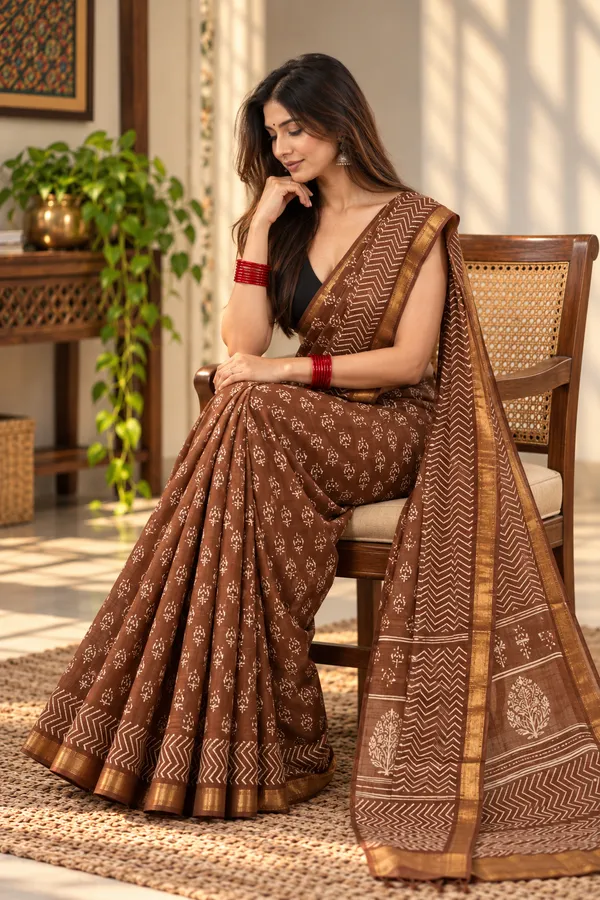 Brown_Silk_Cotton_Hand_Block_Printed_Saree_For_Women