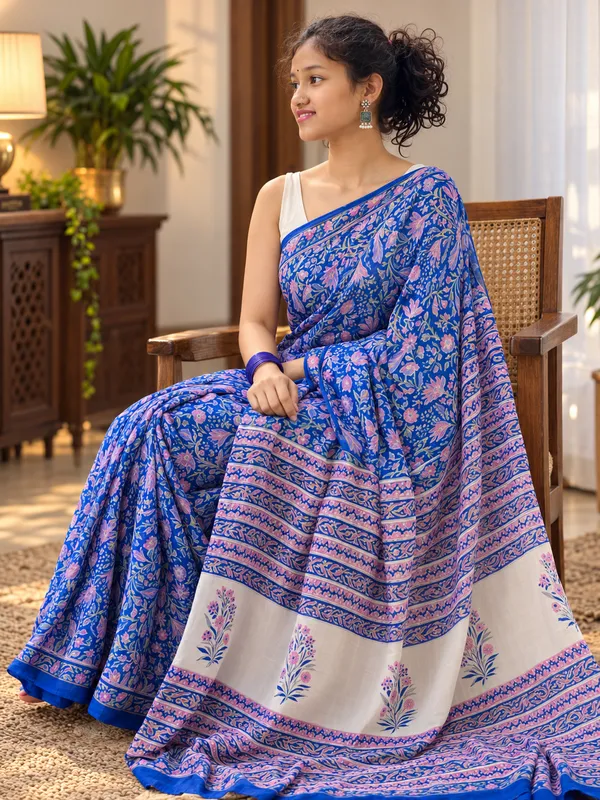 Blue_Georgette_Hand_Block_Printed_Saree_For_Women