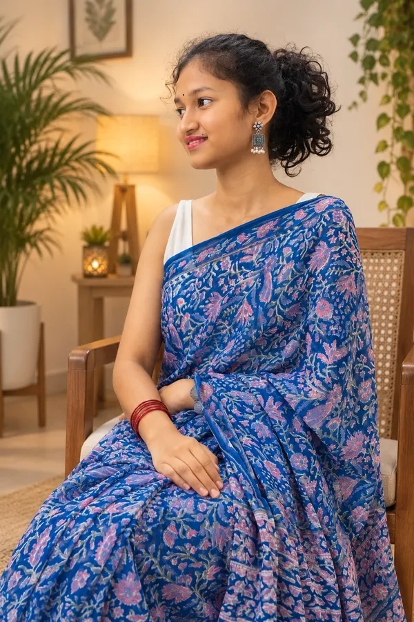 Blue_Georgette_Hand_Block_Printed_Saree_For_Women