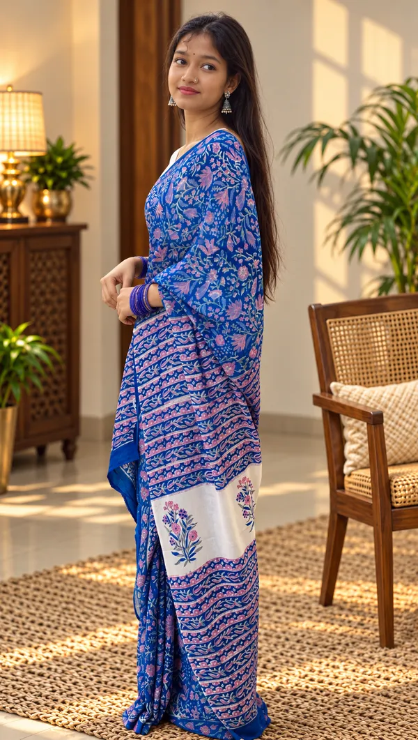 Blue_Georgette_Hand_Block_Printed_Saree_For_Women