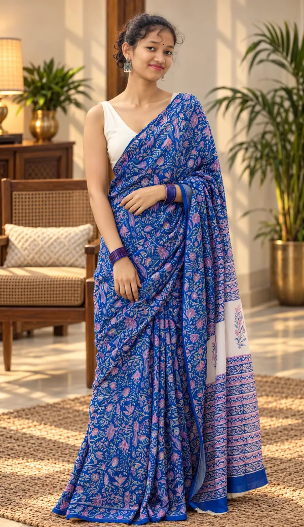 Blue_Georgette_Hand_Block_Printed_Saree_For_Women
