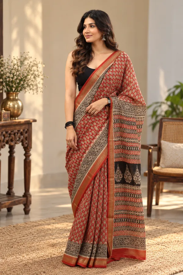 Red_Silk_Cotton_Hand_Block_Printed_Saree_For_Women