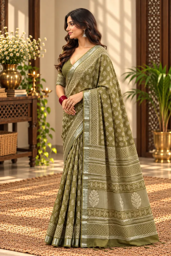 Olive_Green_Linen_Cotton_Hand_Block_Printed_Saree_For_Women