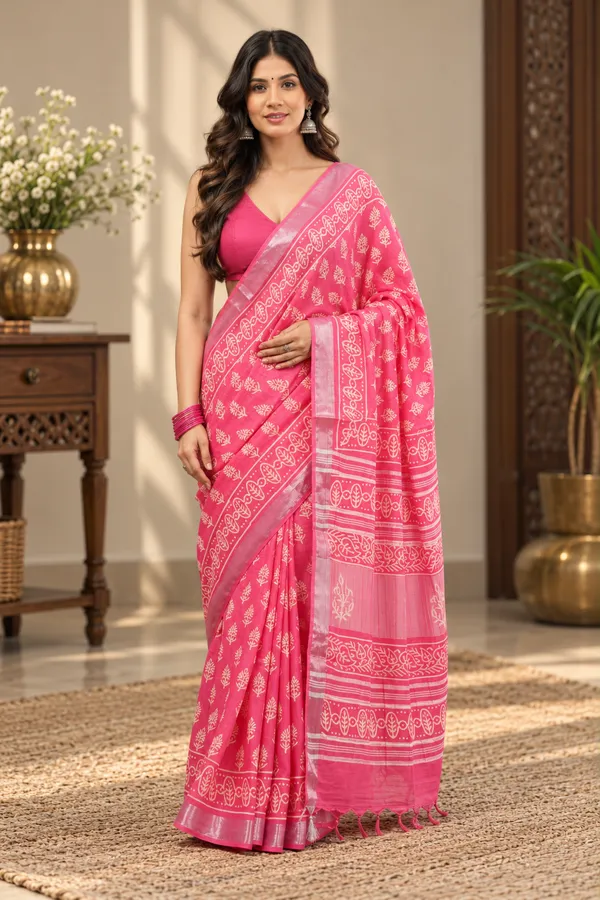 Pink_Linen_Cotton_Block_Print_Saree_For_Women