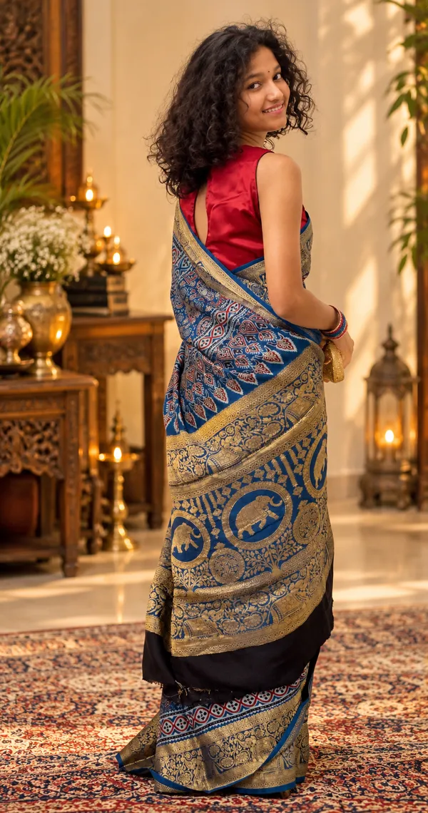 Blue_Bemberg_Silk_Woven_Jacquard_Ajrak_Hand_Block_Printed_Saree_For_Women