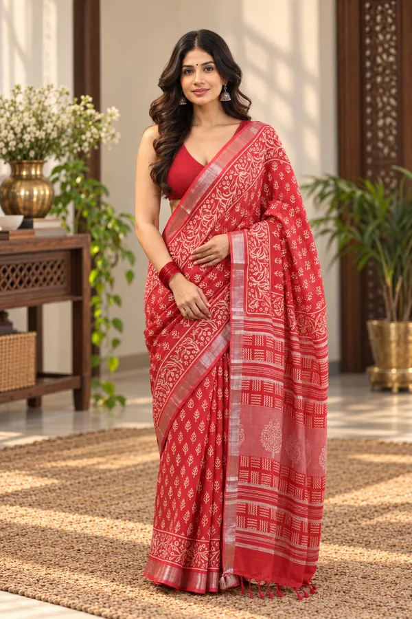 Red_Linen_Cotton_Hand_Block_Printed_Saree_For_Women