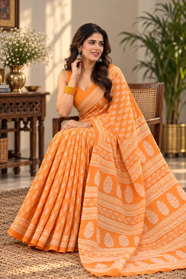 Orangish_Yellow_Cotton_Mul_Block_Print_Saree_For_Women