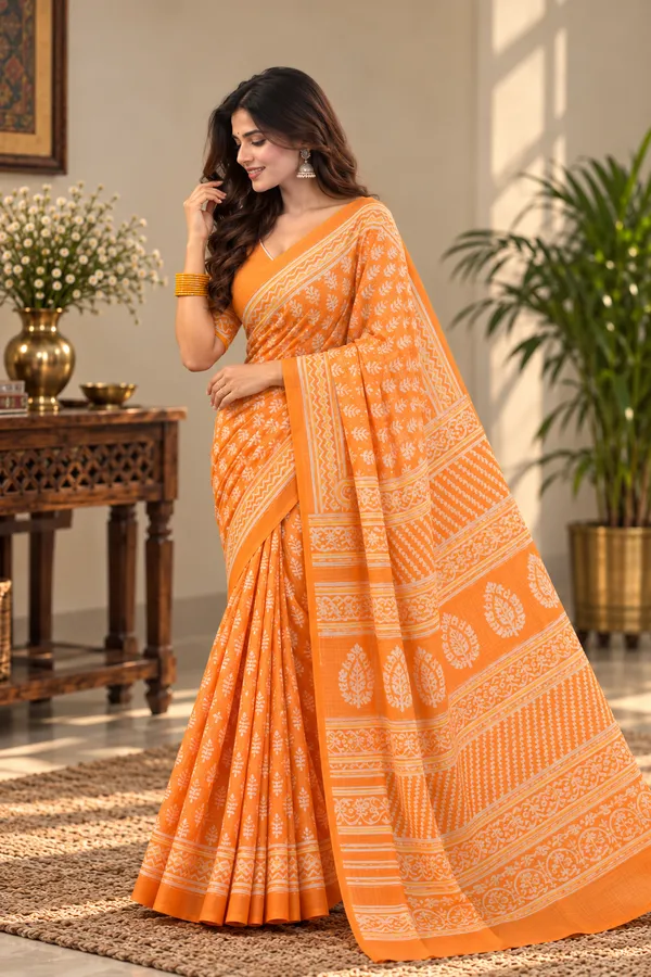 Orangish_Yellow_Cotton_Mul_Block_Print_Saree_For_Women