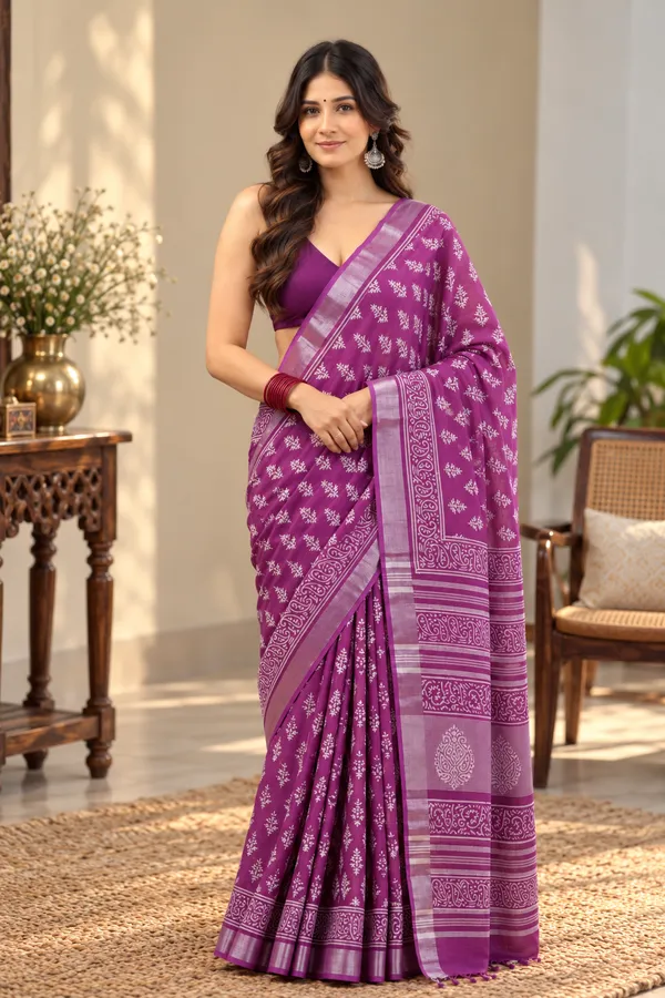Purple_Linen_Blend_Hand_Block_Printed_Saree_For_Women