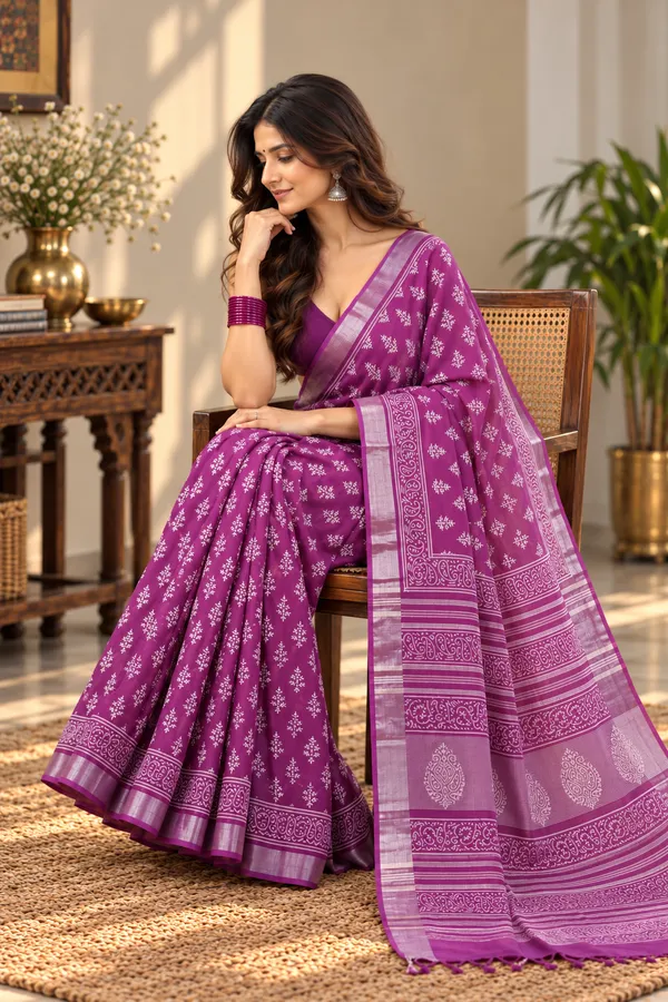 Purple_Linen_Blend_Hand_Block_Printed_Saree_For_Women