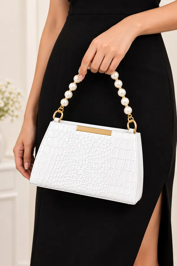 White_Synthetic_Leather_Embossed_Crossbody_Bag_For_Women