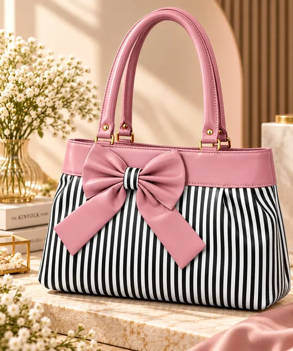 Pink_Synthetic_Leather_Striped_Bow_Tote_Bag_For_Women