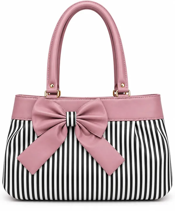 Pink_Synthetic_Leather_Striped_Bow_Tote_Bag_For_Women