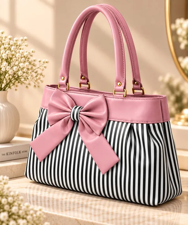 Pink_Synthetic_Leather_Striped_Bow_Tote_Bag_For_Women