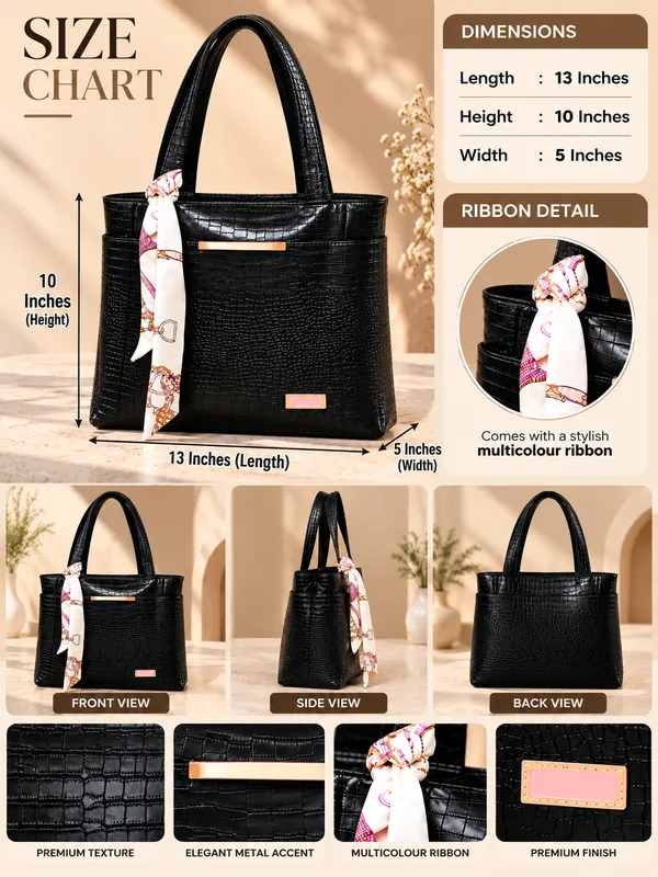 Black_Synthetic_Leather_Crocodile_Textured_Tote_Bag_For_Women