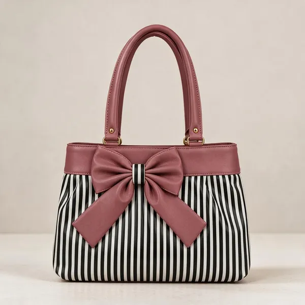 Dark_Pink_Synthetic_Leather_Striped_Bow_Tote_Bag_For_Women