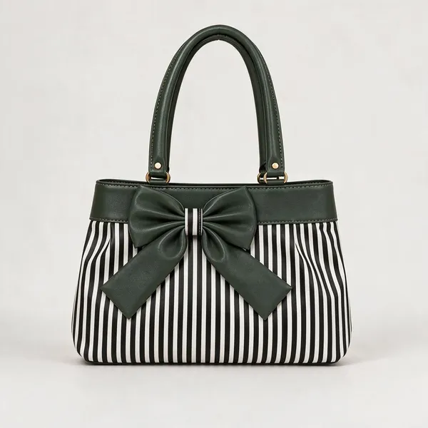 Green_Synthetic_Leather_Striped_Bow_Tote_Bag_For_Women