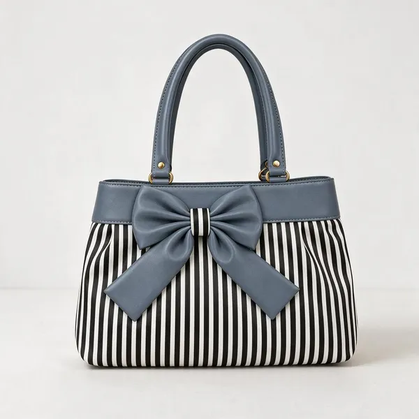 Grey_Synthetic_Leather_Striped_Bow_Tote_Bag_For_Women