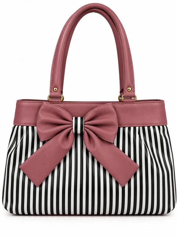 Dark_Pink_Synthetic_Leather_Striped_Bow_Tote_Bag_For_Women