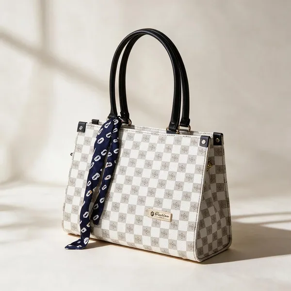 Grey_Synthetic_Leather_Checkered_Crossbody_Bag_For_Women