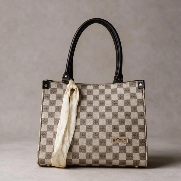 Taupe_Synthetic_Leather_Checkered_Crossbody_Bag_For_Women