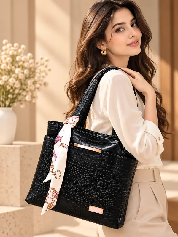 Black_Synthetic_Leather_Crocodile_Textured_Tote_Bag_For_Women