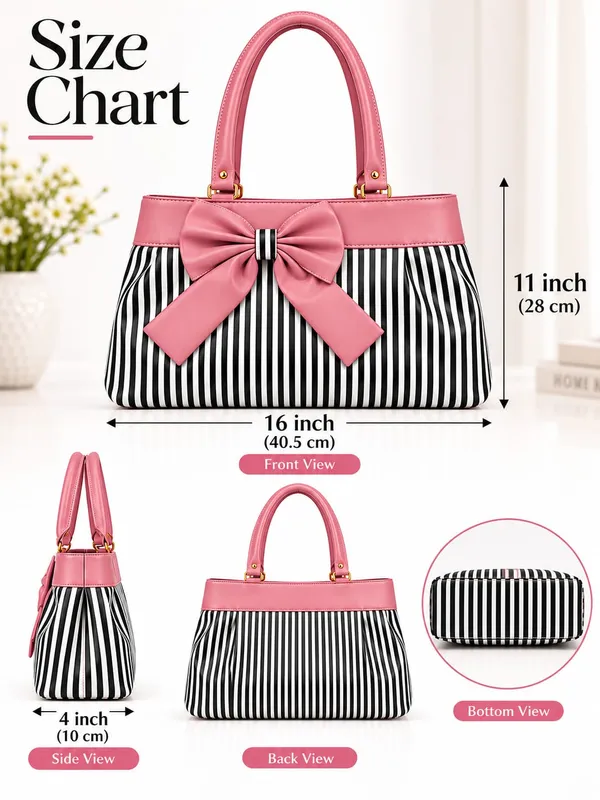Pink_Synthetic_Leather_Striped_Bow_Tote_Bag_For_Women