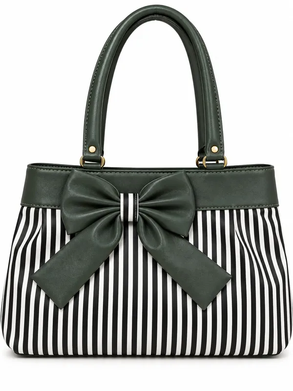 Green_Synthetic_Leather_Striped_Bow_Tote_Bag_For_Women