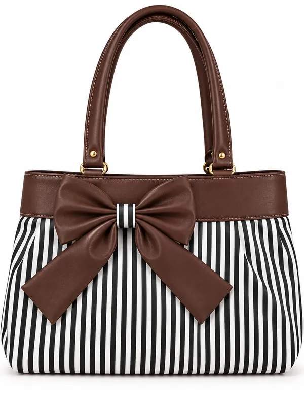 Brown_Synthetic_Leather_Striped_Bow_Tote_Bag_For_Women