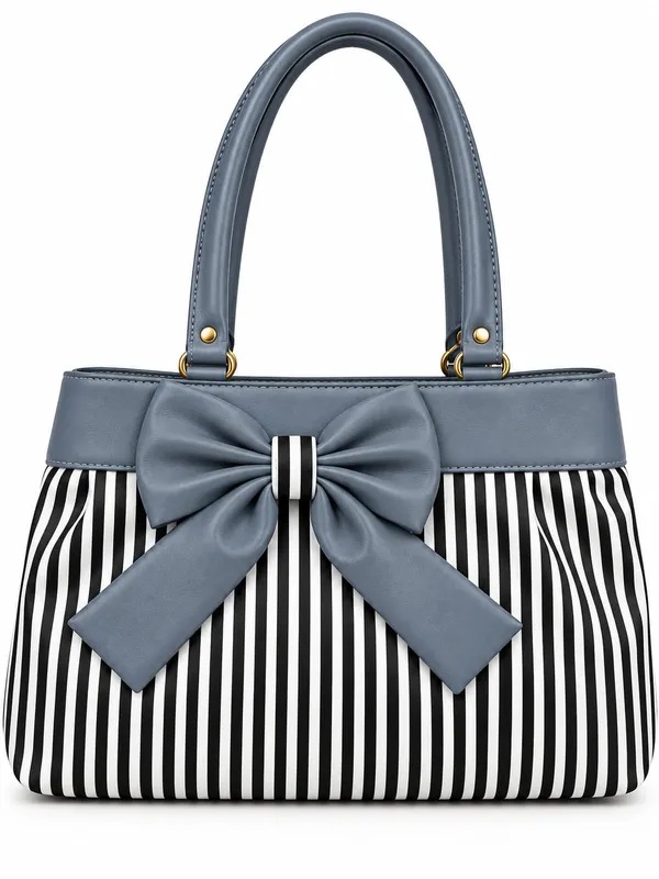 Grey_Synthetic_Leather_Striped_Bow_Tote_Bag_For_Women