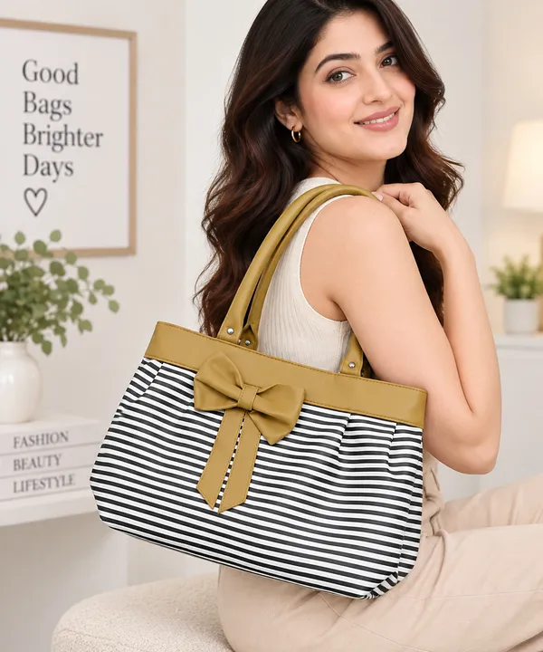 Camel_Synthetic_Leather_Striped_Bow_Tote_Bag_For_Women