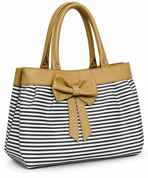 Camel_Synthetic_Leather_Striped_Bow_Tote_Bag_For_Women